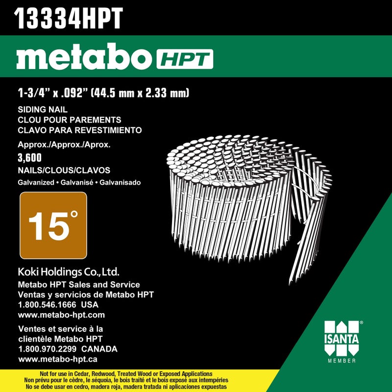 Metabo HPT | 1-3/4 in. x 0.092 in. | Ring Shank Electro-Galvanized | Wire Coil Siding Nails | 3600 Count | 13334HPT - Image 2